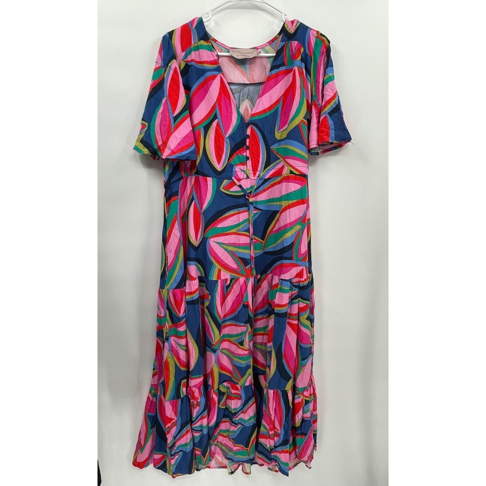 White Closet Elements L Maxi Dress Womens Multicolor Abstract Leaf Boho Tiered